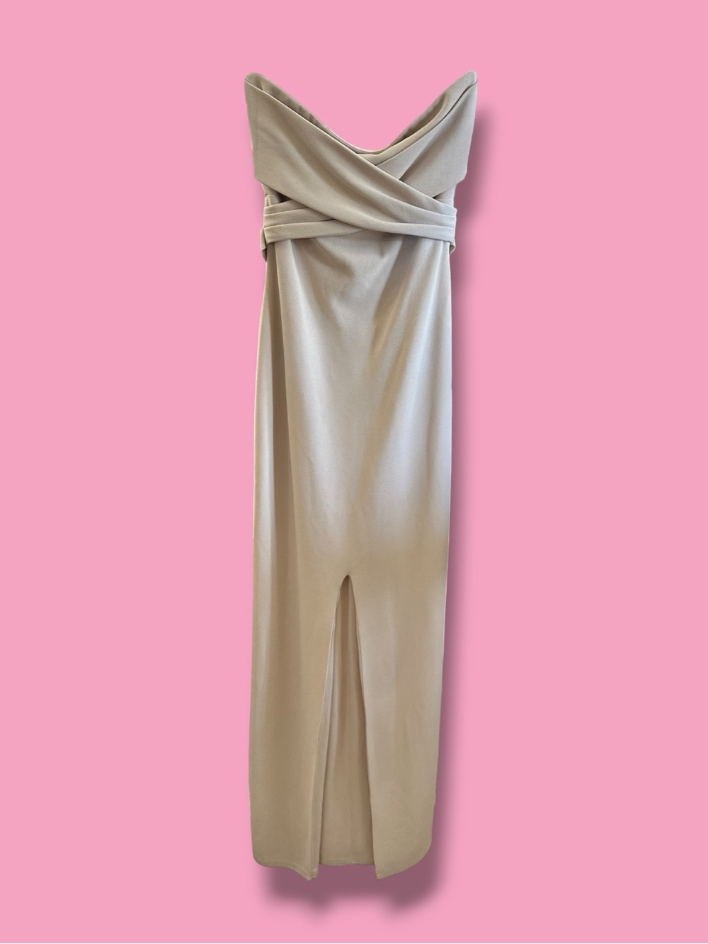 Lulus Strapless Taupe-Cream Gown with Front Slit